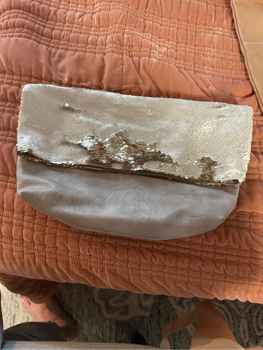 Sequin Fold-Over Clutch in Gold and Taupe